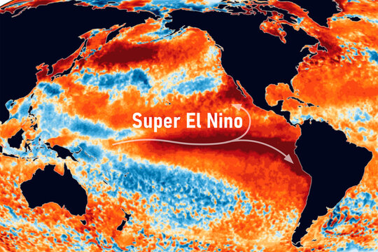 Map of the Pacific Ocean, water surface temperature anomalies, record accumulation of superheated water, the Super El Nino phenomenon in the entire history of human observations of the Earth climate.