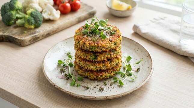 A stack of goldenbrown vegetable quinoa patties garnished with fresh microgreens, served on a textured plate with broccoli and cherry tomatoes in the background world vegan day