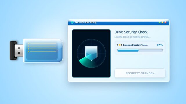 3D Animation of Translucent USB Flash Drive with Digital Security Scanning HUD Interface