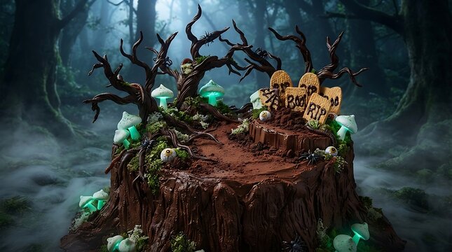 Spooky Halloween Cake with Edible Trees, Skulls, and Glowing Elements in a Dark Forest Setting.
