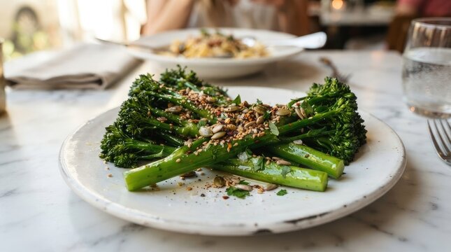 A plate of roasted broccolini topped with toasted seeds and herbs, served in a restaurant setting with a glass of water and another dish blurred in the background world vegan day