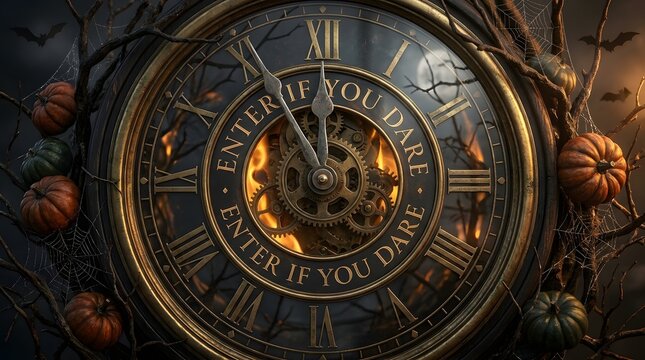 Halloween clock face with pumpkins and tree branches spooky time roman numerals