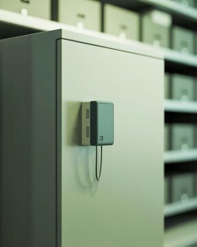 Small gray sensor device attached to a light gray cabinet with shelves of boxes in the background technology