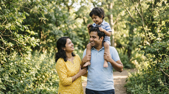 Happy Indian family walking in nature with father carrying young son on shoulders