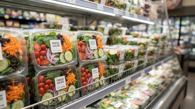 Rows of prepackaged fresh salads in plastic containers displayed on a refrigerated supermarket shelf world vegan day