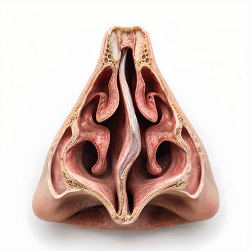 Deviated nasal septum and nasal cavity anatomy 3D medical render, isolated cross section showing moderate septal deviation for healthcare design, medical education, radiology, and patient education