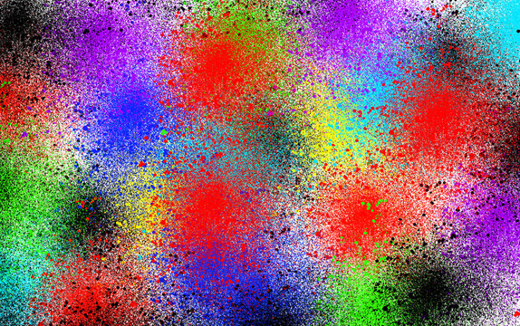 Vibrant Abstract Background Featuring A Dynamic Explosion Of Multicolored Spray Paint Splatters Creating A Chaotic Artistic Texture With Bold Red Blue Green Yellow Purple And Black Ink Droplet Patte