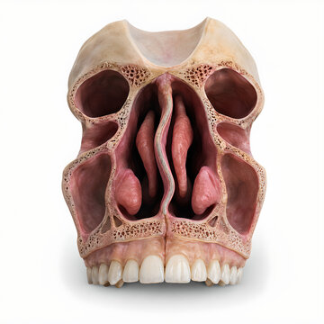 Deviated nasal septum and nasal cavity anatomy 3D medical render, isolated cross section showing moderate septal deviation for healthcare design, medical education, radiology, and patient education