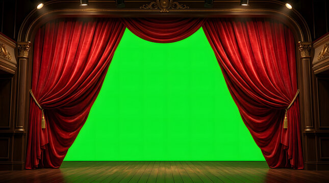 Theatrical Stage with Red Velvet Curtains and Green Screen Background
