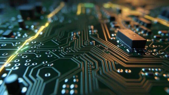 Close-up of glowing green circuit board with integrated circuits and complex pathways