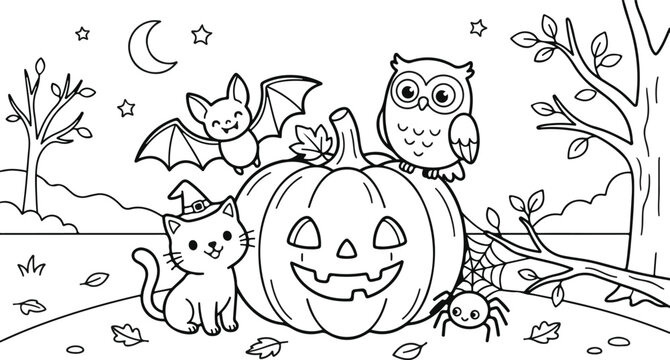 Cute halloween coloring page for kids featuring a jack o lantern pumpkin with a cat bat owl and spider