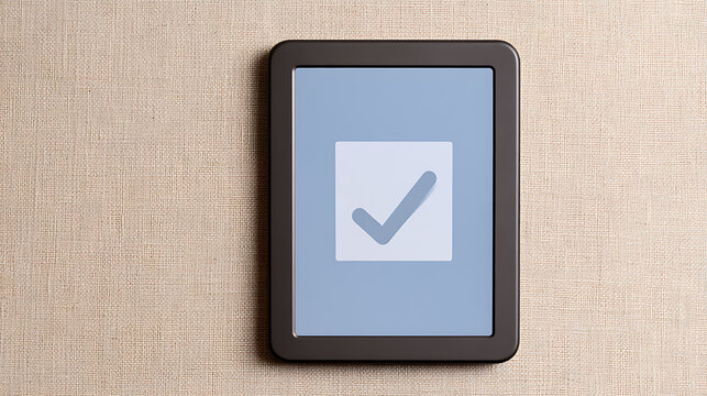 Digital tablet device with check mark icon display on screen placed on fabric textured background for modern technology concept showcase
