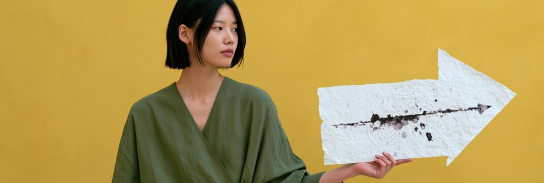 Woman holding a handmade white arrow sign with paint mark against yellow background for directional poster and design