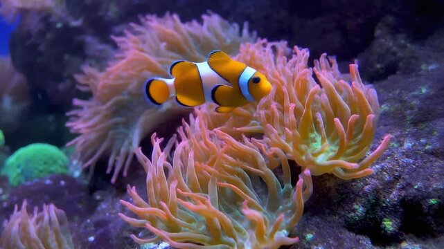 Clownfish Swimming in Vibrant Orange Sea Anemone, Coral Reef Underwater