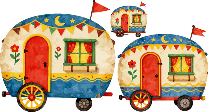 Vintage circus caravan vector set, whimsical gypsy wagon illustrations, retro carnival trailer graphics for festival invitations