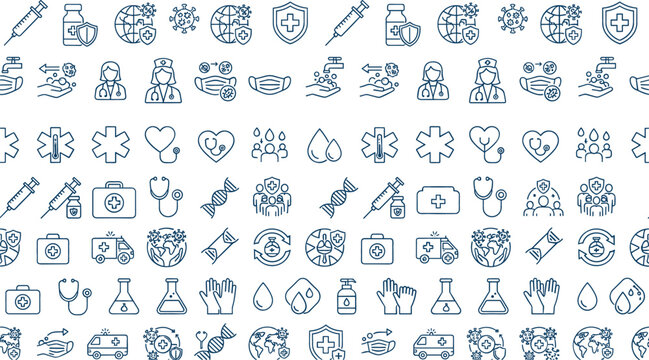 Healthcare and medical seamless pattern featuring vaccination, medicine, doctors, ambulances, first aid, DNA, immunity, laboratory equipment, and disease prevention icons