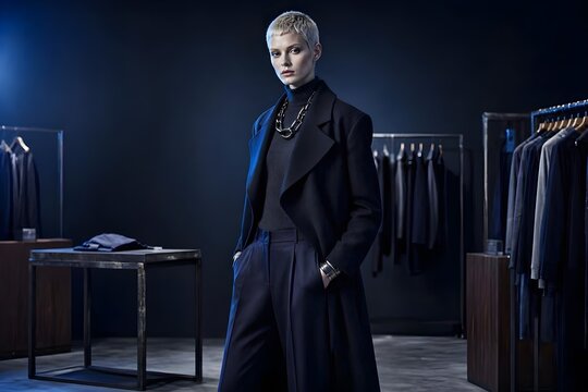 modella vestita di nero in uno studio di alta moda