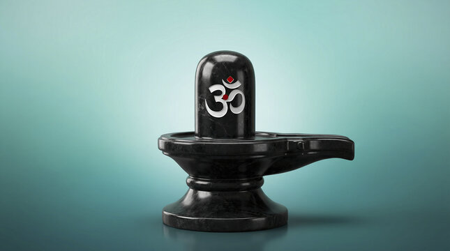 Shiva Lingam with Om symbol on a smooth teal background for spiritual and religious concepts