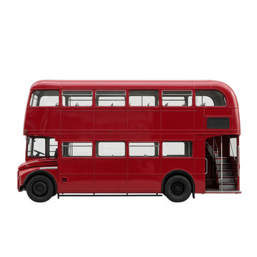 Classic red double-decker bus side view isolated on transparent background
