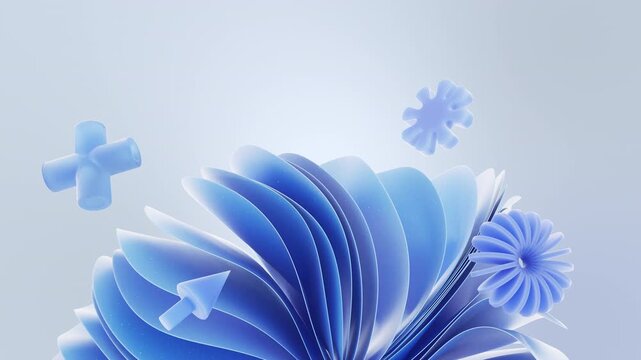A soft blue abstract background featuring layered petals and floral shapes.