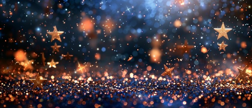 Golden stars shine amidst a vibrant display of glitter, evoking feelings of magic and wonder, ideal for holiday themes or celebratory designs, and adding a touch of shimmer