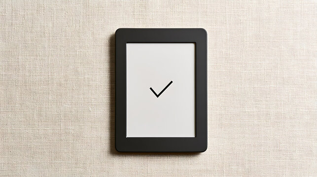 Digital e-reader device with check mark symbol on screen placed against neutral textured wallpaper background for minimalist tech concept