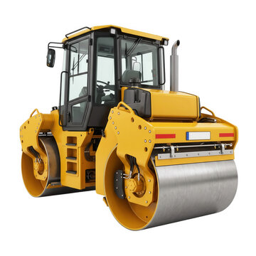 Yellow tandem drum road roller compactor construction vehicle isolated on transparent background
