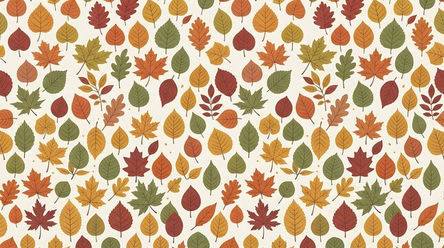 Seamless pattern of colorful autumn leaves in various shapes and shades