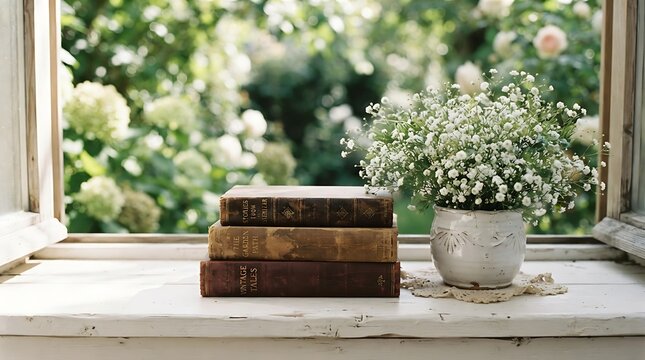 Cozy window scene with stacked books and a small potted plant indoors