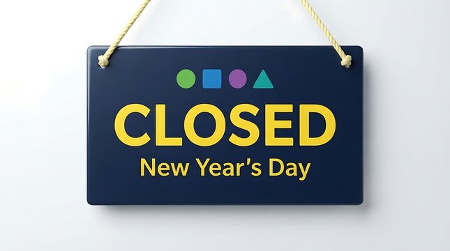 Closed new years day sign hanging on a white background indicating business closure