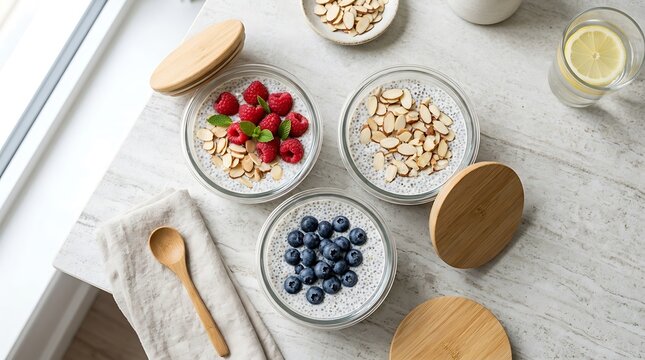 Healthy chia seed pudding bowls with fresh raspberries blueberries and almonds on a kitchen table top. keto chia pudding
