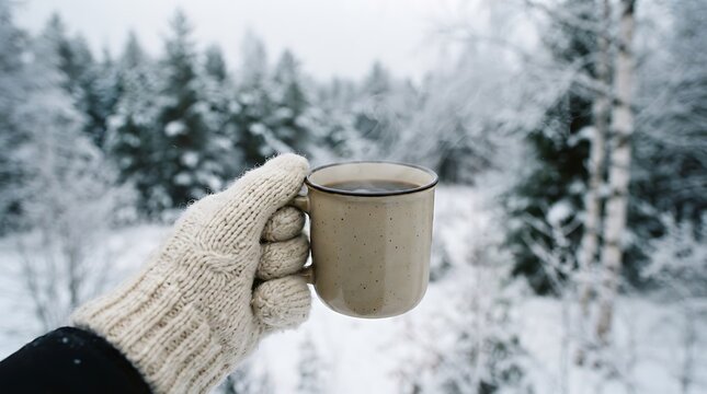 Warm beverage in gloved hands with a snowy forest background on a cold day