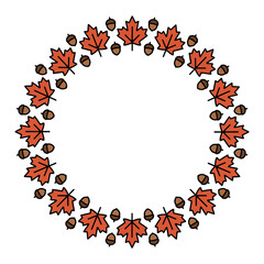 Naklejka premium Circular wreath of orange maple leaves and brown acorns