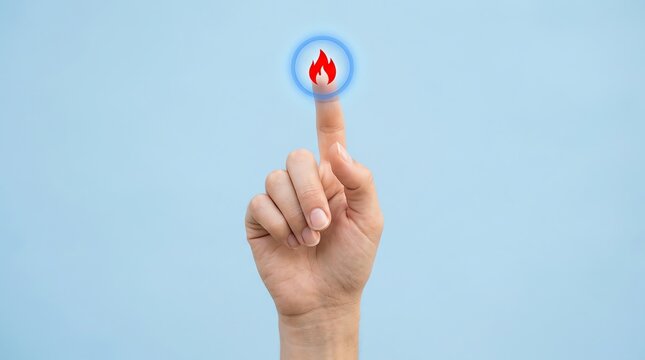 Human index finger touching a glowing red fire icon on a digital blue background