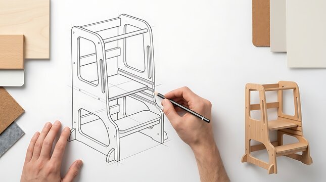 Wooden learning tower design sketch, architect drawing furniture blueprint, Montessori toddler stool prototype development