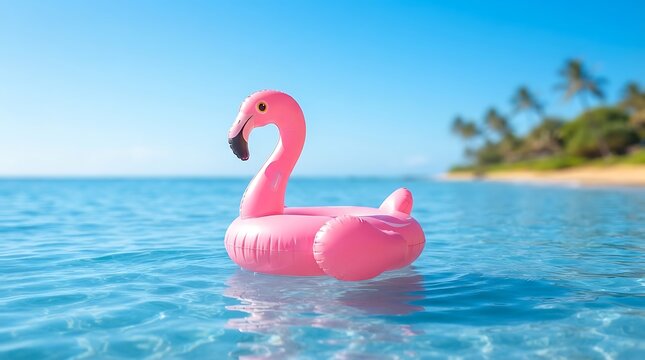 Pink flamingo float on clear turquoise water with tropical island background
