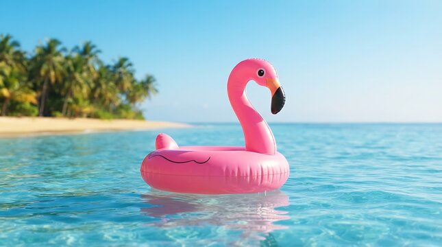 Pink flamingo float on turquoise water with a tropical beach in the background
