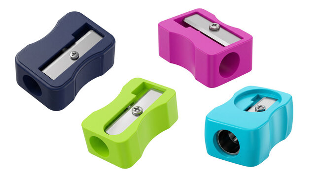 colorful plastic pencil sharpeners arranged together on transparent background