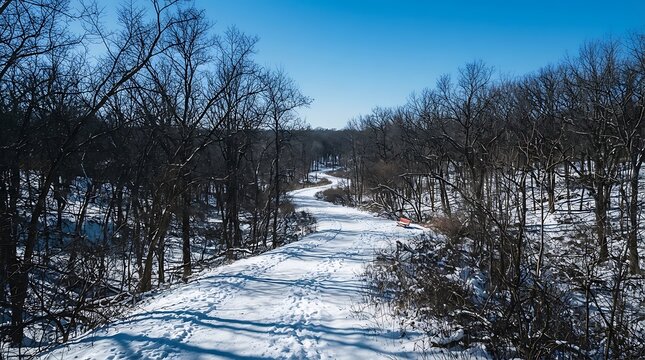 Frozen river winding through a winter forest under a clear blue sky
