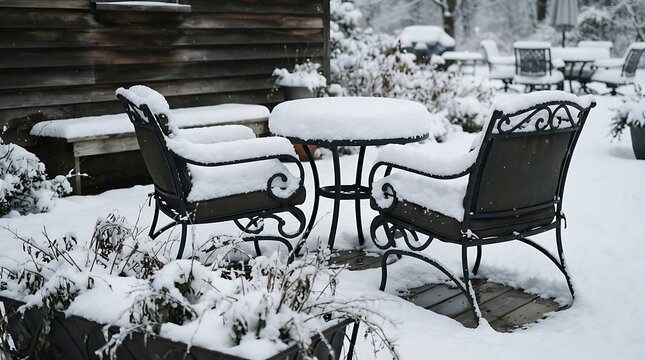 Snow covered patio furniture sits outside in a winter landscape with frosted shrubbery