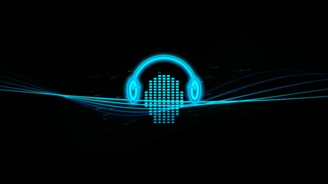 Glowing neon blue headphones icon with digital equalizer head over wavy soundwaves black background