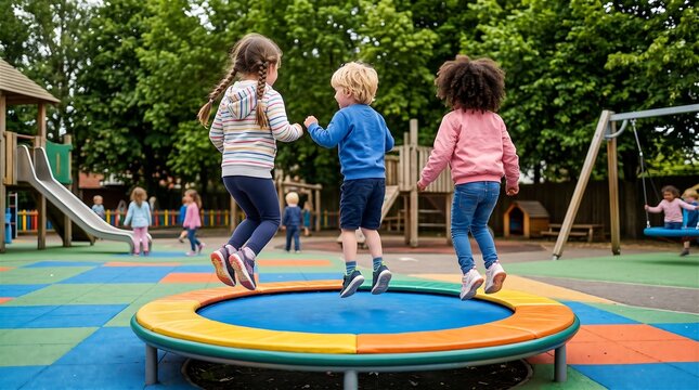 Children Jumping Together on Colorful Trampoline in Park