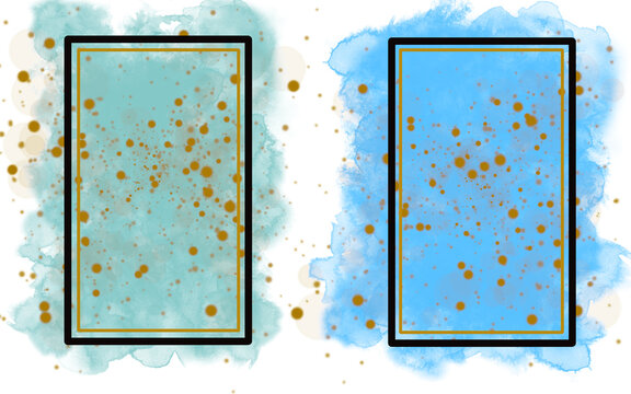 Two rectangles with black and gold lunes. For background use. Transparent. Green and blue digital watercolor as background. Gold splatter.