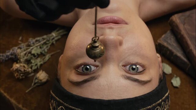 Woman lying down under hypnosis with brass pendulum swinging over her face