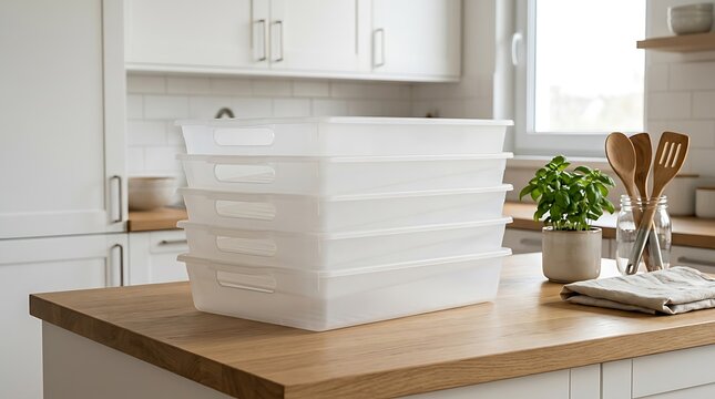 White storage box on a wooden kitchen counter with a small green plant and wooden utensils in the back. stackable plastic trays