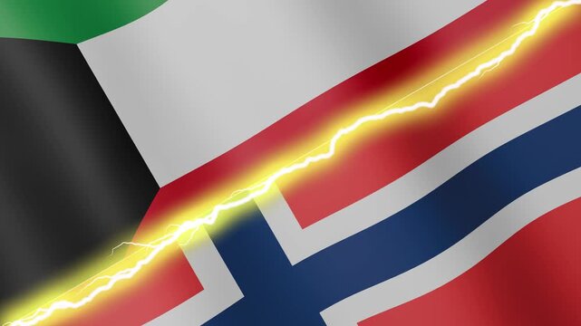 Two waving flags Kuwait and Norway with diagonal lightning seamless, 4k loop