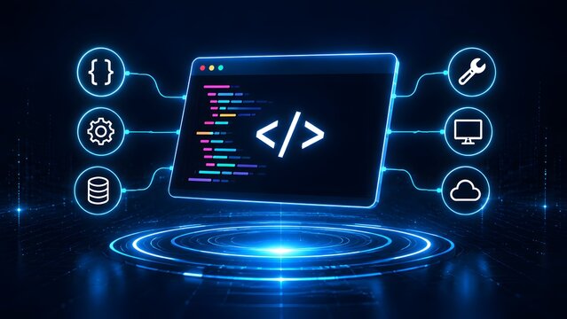 Software development programming code interface with glowing screen technology icons and web design automation concept
