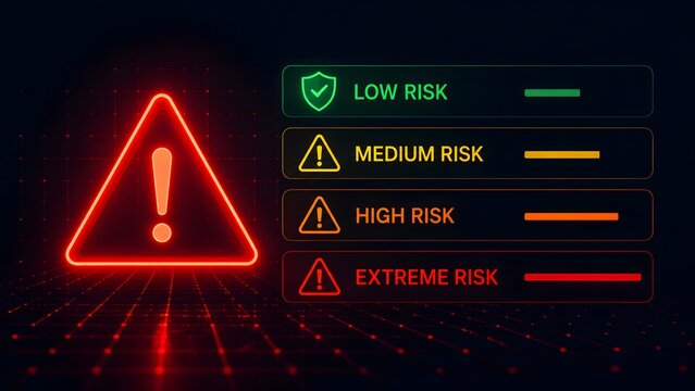 Cyber security risk assessment interface warning triangle and danger level indicators for business threat management strategy