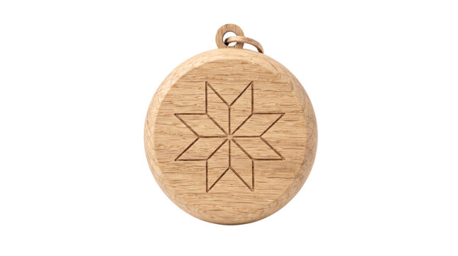 Detailed wooden pendant with an eight pointed star design a natural texture and a loop for hanging isolated on transparent background