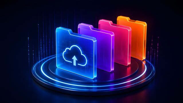 Cloud computing data storage concept with glowing colorful digital folders representing network server archive and virtual information management